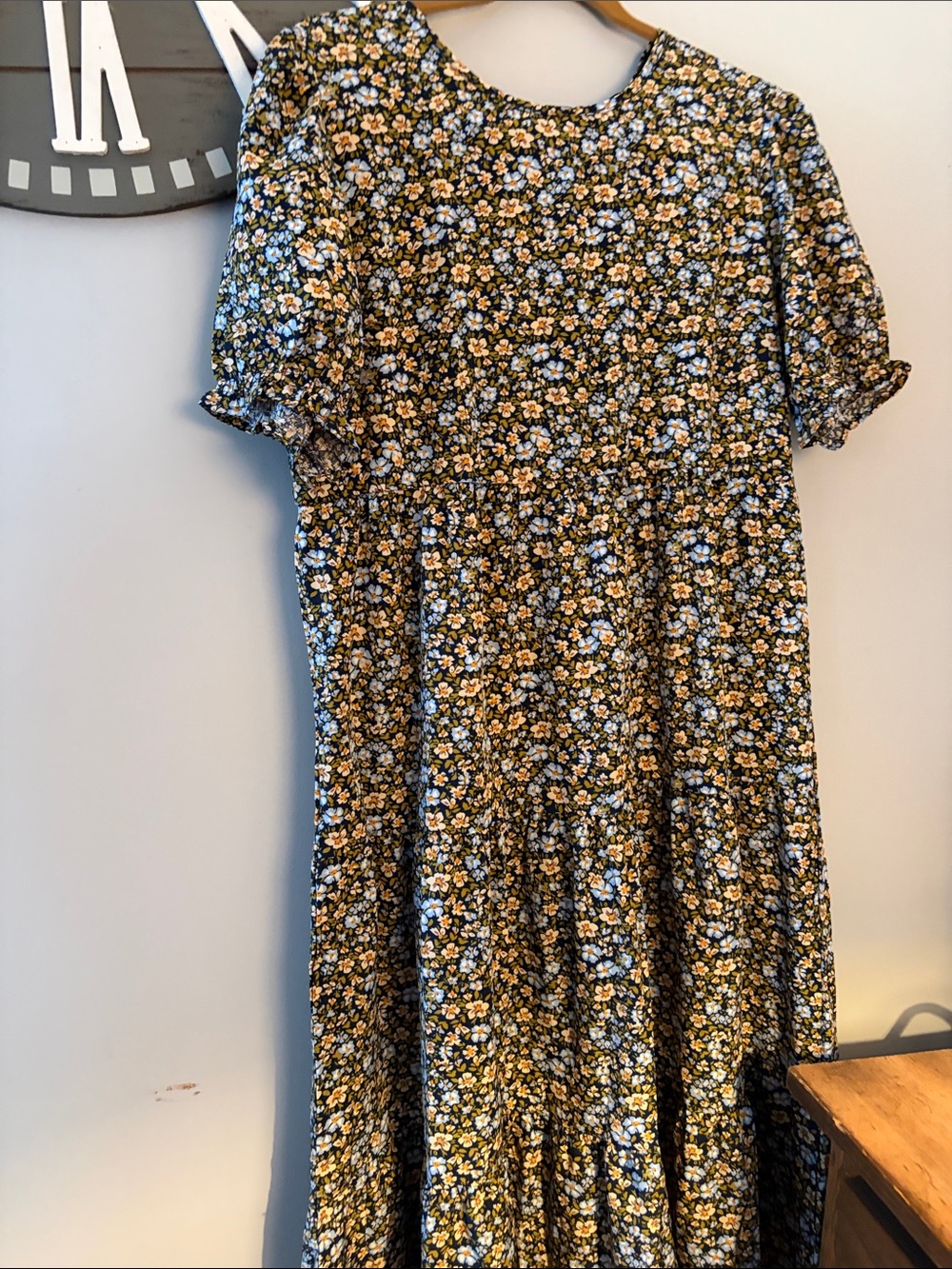 Pretty garden Floral Midi Dress in Black with Yellow & Blue Flowers large